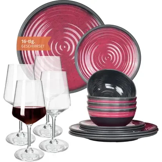 Melamin Camping Geschirr Set 4 Personen Stone Red + 4 Milano Rotwein Gläser Rot Weingläser Tafelgeschirr Picknick BBQ Kochgeschirr - Rot