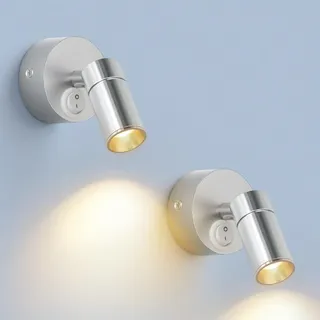 ERWEY 2 Stück LED Wandleuchte Innen, Leselampe wand 3W Warmweiß 3000K Bettlampe Schwenkbar Wandbeleuchtung Wandspots mit Schalter für Schlafzimmer Badezimmer Gang, Silber