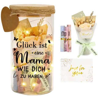 Geschenk für Mama Muttertag, Personalisiertes Geburtstagsgeschenk für Mutter, LED Flaschenlicht mit Trockenblumen LED-Leuchten und Karten, Glück ist eine Mama, WIE Dich ZU HABEN