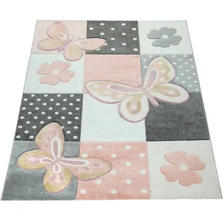 Paco Home "Cosmo 220", rechteckig 12 mm Höhe 3D-Design, Patchwork Muster, niedliches Motiv Schmetterlinge & Punkte,