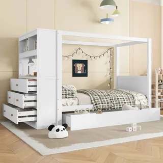 Flieks Holzbett Jugendbett 90x200cm mit Stauraum und Seitenschrank, Klassisches Bett Einzelbett mit Lattenrost, Kinderbett Himmelbett, Weiß - Weiß