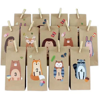 Papierdrachen Adventskalender 2025 zum Befüllen - Waldtiere zum Aufkleben - DIY Set mit braunen Tüten & Klammern - verschiedene Tiermotive zum Basteln