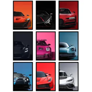 9 Stück Auto Poster SuperCar Poster Leinwand Art Prints für Walls Racing Car Sportwagen Rennwagen-Wandkunst Auto Bilder für Büro, Schlafzimmer, Wohnzimmer, Garagendekoration (Unframe, 12 x 8in)