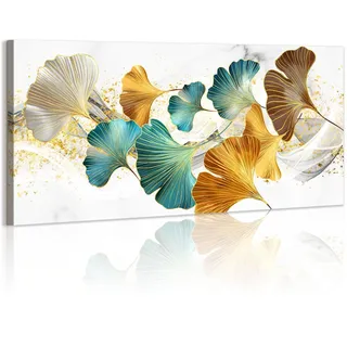 WENGTIAO Ginkgo Blatt Groß Leinwand Bilder Kunstdrucke mit Rahmen - Gelb Gold Grün Botanisches Blumenbild Aesthetic Malerei auf Leinwand Wohnzimmer Schlafzimmer Wanddeko Fertig zum Aufhängen 120x50 cm