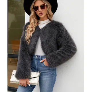 Damen Kurz Kunstpelze Jacke Kunstfell Mantel Kuschelig Fellmantel Dicke Warme Winterjacke Winter Pelzjacke Langarm Wintermantel, Damen , schwarz, XL - Dunkelgrau