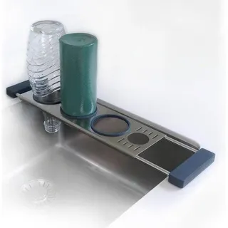 Unyqoos® Flaschenhalter zum Abtropfen – 3‐fach Abtropfgestell aus Edelstahl, teleskopisch 32,5–56,5 cm, lebensmittelsichere Silikonringe, abnehmbare Platte 32×10 cm, kompatibel mit SodaStream & Thermobechern - Grau