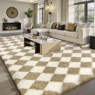 Sour Lemon Kariert Hochflor Teppich, Teppiche Wohnzimmer, Anti-Rutsch Waschbar Extra Große Teppich Flauschig, Langflor Teppiche Schlafzimmer Kinderzimmer, Farbe: Beige und Weiß, Größe: 200x300 cm