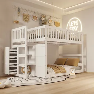 MODFU Etagenbett Kinderbett 140 x 200 mit Matratze,Doppelbett Hochbett mit 4 Schubladen und Hoher Zaun,weiß - Weiß