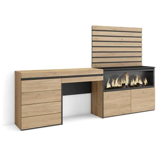 Skraut Home | Schminktisch | Frisiertisch mit Stauraum | 234x145x35 cm | mit Schublade | Elektrokamin XXL | Kommode mit Schubladen | Lamellenwand Holz | Moderner Stil | Eiche