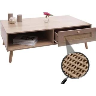 Couchtisch HWC-M39, Wohnzimmertisch Beistelltisch Sofatisch, Schublade Kubu Rattan Holz Melamin, 37x110x59cm Eiche-Optik - Braun