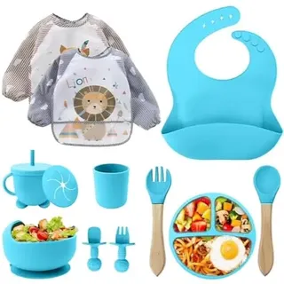 Baby Geschirrset Silikon 12-teilig – BPA-frei Kinderteller mit Saugnapf, Trinklernbecher mit Strohhalm, Silikonlätzchen, Schüssel, Holzlöffel, Babybesteck – Spülmaschinen- & Mikrowellengeeignet (Blau)
