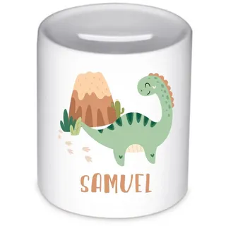 minimutz Spardose Kinder mit Namen personalisiert – Sparbox Dino Jungen Mädchen – Runde Keramik Sparbüchse 8x9.5 cm – Geschenkidee Taufe Geburt Weihnachten Geburtstag