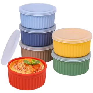 Koluti Antihaft-Silikon-Ramekins 4 Unzen mit Deckel, 6er-Pack Ofensichere Creme Brulee-Schale zum Backen, Mini-Soufflé-Eis, Dessert-Pudding-Dip-Saucenbecher, BPA-frei, spülmaschinenfest