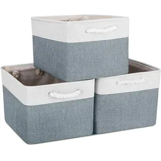 Mangata 3 Stück aufbewahrungskorb Stoff, Faltbare aufbewahrungsbox Schrank, Korb aufbewahrung Stoff mit Baumwolle Seil für Spielzeug, kleiderschrank, Regale, Kleidung (kaltes graues Weiß, groß)