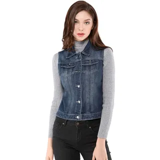 Allegra K Damen Jeansweste Ärmellos Knopfleiste Denim Revere Westen mit Taschen Blau XL