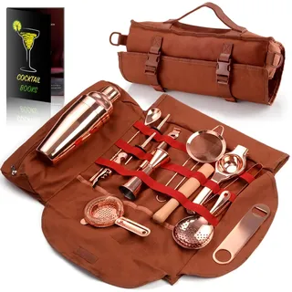 Reise-Bartender-Kit-Tasche, 17-teiliges Barwerkzeug-Set, professionelles Cocktail-Bar-Set, tragbare gewachste Canvas-Bar-Kit-Tasche mit Schultergurt für Barkeeper, Partys, Campingausflüge
