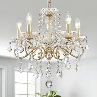 Saint Mossi 5-flammiger Kristall-Kronleuchter Moderne Hängeleuchte für Esszimmer, Schlafzimmer & Wohnzimmer mit Klaren Kristallen, Gold Lackierter Rahmen (H40x B43x L43 cm) E14 Fassung