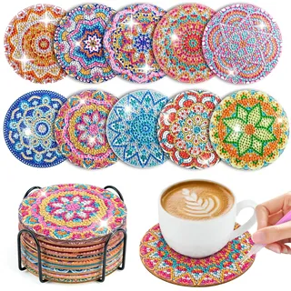 WuGU 10 Stück Diamond Painting Untersetzer Mit Halter, Diamant Tassenuntersetzer, Diamond Painting Erwachsene zum Basteln, 5D DIY Mandala Untersetzer rutschfest für Anfänger, Erwachsene & Kinder
