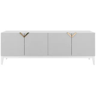 Visby Sideboard Demi Long, Weiß-Gold, Mit Gefrästen Fronten, Massive Buche , Weiß, Goldfarben , Buchenholz , 201.5x70x42 cm , Kleinmöbel, Kommoden, Sideboards