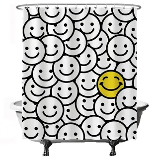 Ulticool Duschvorhang - Smiley Happy Gelb Schwarz Weiß - 180 x 200 cm - Waschbar - Anti Schimmel - mit 12 Ringen
