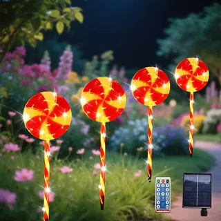 YOOWARM Solar Weihnachten Lutscher Lichterketten, 4 Stück LED Candy Lollipop Gartenstecker Lichterketten,Weihnachtsweg Marker, 8 Modi Solar Weihnachts Lichter Aussen für Garten Weihnachtsdeko Rasen