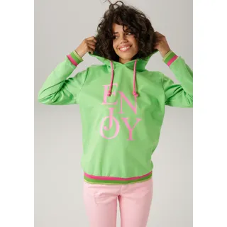 Sweatshirt ANISTON CASUAL, Damen, Gr. 44, grün (apfelgrün, rosa, pink, moosgrün, hellgrün), Sweatware, Obermaterial: 100% Baumwolle, unifarben mit Farbeinsatz, lässig geschnitten hüftbedeckend, Rippbündchen, Sweatshirts Sweatshirt, mit "ENJOY"-Schriftzug