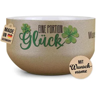 Print Royal PR Glitzer Müslischale mit Name selbst gestalten - Eine Portion Glück - Personalisierte Schüssel bedrucken - Individuelle Geschenke für Familie, Freunde - Keramik, Gold 500 ml