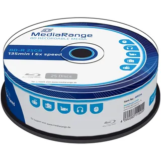 MediaRange BD-R 25GB 6-fache Schreibgeschwindigkeit, 25er Pack, Silber, MR514