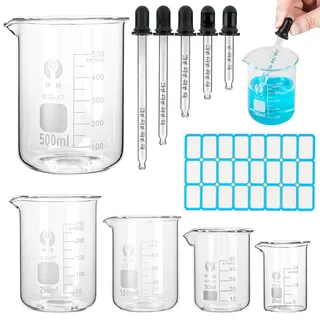 5 Stück Becherglas Set, 25ml/50ml/100ml/250ml/500ml Messbecher Glas, Borosilikatglas Messbecher mit Messskala, Bechergläser mit Graduierter Tropfer und Aufkleber für Labor