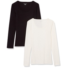 Amazon Essentials Damen Gerippter Pullover mit geripptem U-Ausschnitt mit schmaler Passform (erhältlich in Übergröße), 2er-Pack, Eierschalenweiß/Schwarz, L