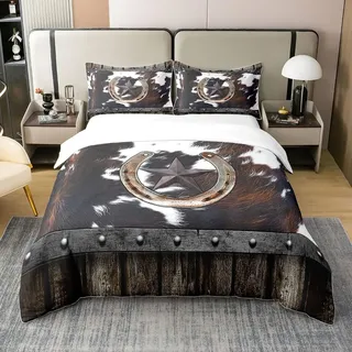 100% Gewaschene Baumwolle Western Texas Stern Bettbezug 135x200,Rindsleder Kuh Bettwäsche Set,Bauernhaus Alte Scheunentür Tröster Bezug,Land Cowboy Highland Kuh Bett mit 1 Kissenbezug Atmungsaktiv