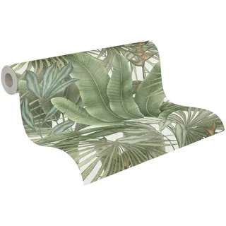 livingwalls Palmenblatt-Vliestapete – Grün, Creme – 10,05 x 0,53 m | Florales Palmenblatt-Motiv als natürlicher Blickfang – matte Motivtapete, einfach zu verkleben & spurlos abziehbar