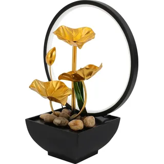 Lotusblatt Tischbrunnen - 3-Stufiger Wasserfall - LED-Ringlichter - Eisen - Deko-Steine - Für Wohnzimmer/Büro - Mehrfarbig