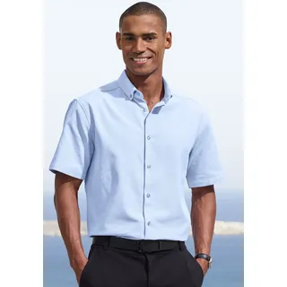 Kurzarmhemd H.I.S "Regular Fit", Herren, Gr. XXXL (47/48), N-Gr, blau (hellblau), Web, Obermaterial: 100% Baumwolle, unifarben, regular fit, Rundhals, abgesteppte Kante, Hemden Kurzarmhemd, in hochwertiger Struktur Optik, Topseller