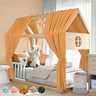 Alishomtll Hausbett Himmel Deko Set, 2 Betthimmel Hausbett aus 100% Baumwolle Musselin, 1 Wimpelkette 300cm, Kinderbett Baldachin Stoffhimmel für Mädchen Jungen Kinderzimmer, 135x270cm Senfgelb