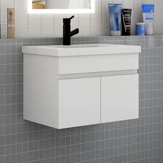 Badezimmer Badmöbel 60 cm Dickes Keramik Waschtisch mit Unterschrank Hängeschrank Badezimmerschränke Badschrank mit 2 Türen Weiß Matt - Weiß