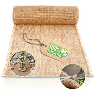 HAPPYNAPS® Jute Tischläufer, Juteband Tischband Natur, Hochzeit Deko Vintage, Tischdeko Braun Beige, Hochzeitsdeko Rustikal | Leinen Juteläufer mit doppelter Seitennaht | 30cm breit & 10m Rolle