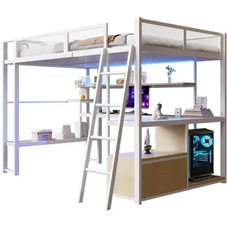 Wishdor Hochbett 140/200 cm in Weiß mit Led, Regal und Usb , Metall, Holzwerkstoff , Rechteckig , 140x200 cm , Babymöbel & Kindermöbel, Kinderzimmer & Jugendzimmer, Kinderbetten, Hochbetten