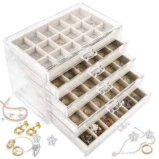 YAYODS Schmuck Organizer Acryl 23,5 x 13,7 x 17 cm – 5 Schubladen Schmuckkasten Beige mit Samtoptik-Fächern, Schmuckaufbewahrung für Ringe, Ohrringe, Ketten und Armbänder