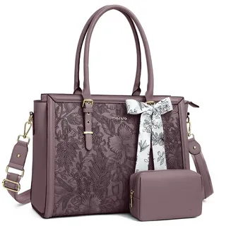 MOSISO Laptoptasche Damen, 17,3 Zoll PU Lehrertasche Handtasche Kompatibel mit MacBook HP Dell Asus, Vorderseite Prägung Retro Hibiskus Aktentasche mit Seidenschal&Clutchtasche, Schiefer Lila