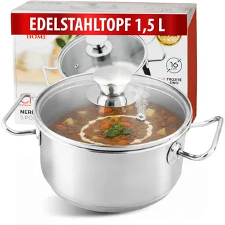 MAGIC HOME Bratentopf mit Deckel 16 cm 1.5 Liter | INDUKTION | Topf aus Hochwertiger Edelstahl | Kleiner Kochtopf, Glasdeckel | 16cm Kasserolle | Satin-Finish | Alle Herdarten, Induktionsherd | Chloe