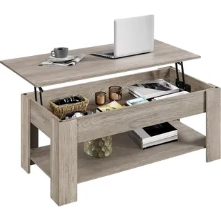 Yaheetech Couchtisch Höhenverstellbar Beistelltisch mit Stauraum Ablagefächern Kaffeetisch Metallgestell Sofatisch für Wohnzimmer, Grau - Grau