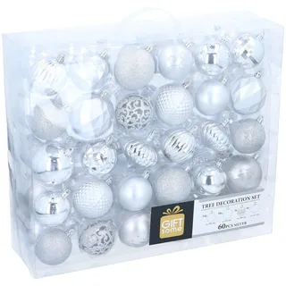 Giftsome 60 Weihnachtskugeln Set - Christbaumkugeln Silber - Weihnachtsbaum Deko - Christbaumschmuck - weihnachtsbaumkugeln - Für den Innen- und Außeneinsatz - Kunststoff