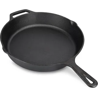 Navaris Gusseisenpfanne - 25cm Eingebrannte Pfanne Gusseisen Induktion, Cast Iron Pan, Gusspfanne, Grillpfanne Gusseisen, Gusseisenpfanne, Steakpfanne mit Zwei Ausgießer, Ofenfest