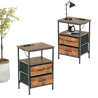 FurnitureR 2 Stück Wohnzimmermöbel, Beistelltisch mit mehrfarbigen LEDs, 2 AC-Sockel, 2 USB-Anschlüsse für Drawers, 2 Schubladen aus Stoff, industrieller Retro-Stil, Braun, 40 x 30 x 60 cm