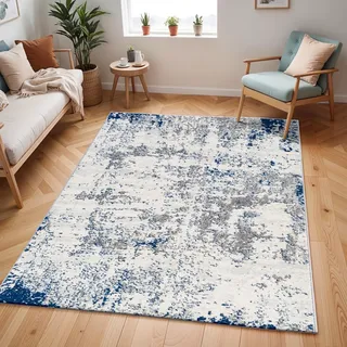 Livabliss Leyte Wohnzimmer modern – Abstrakt Design in Marmor Optik für Wohnzimmer 200x275 cm, Esszimmer, Schlafzimmer - Marmor e groß, weicher Kurzflor in Grau, Elfenbein, Blau
