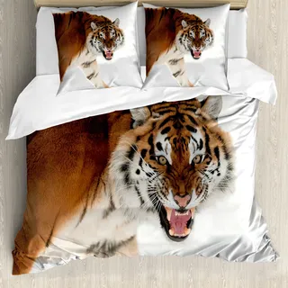 ABAKUHAUS Tiger Bettbezug, Panthera auf Schnee Schließen, Milbensicher Allergiker geeignet mit Kissenbezügen, 200 cm x 200 cm - 80 x 80 cm, Hellbraun - Hellbraun
