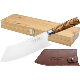 Katana Saya Olive Wood 21 cm Grillmesser, japanischer VG-10-Damaszenerstahl, Griff aus natürlichem Olivenholz, Outdoor-Kochen