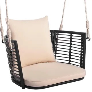 Fantask Hängesitz mit Hängeseilen & Kissens & Metallrahmen, Hängesessel Rattan, Hängestuhl, Schaukelsessel bis 180kg belastbar, Schaukelstuhl für Veranda Garten Hinterhof (Beige)