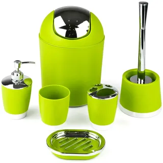 6tlg Badset Badezimmer Zubehör Set Organizer: Seifenspender, Zahnputzbecher, Kosmetikeimer, WC Bürste und Halter, Seifenschale, Mülleimer, Zahnbürstenhalter, Badgarnitur (Grün Design 1)